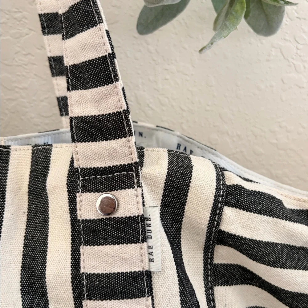 Rae Dunn Black White Striped Canvas Tote Bag, Farmhouse Shoulder Bag